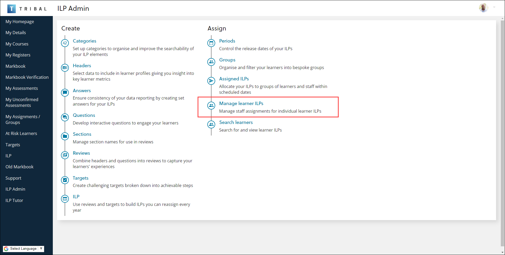 Manage Learner ILPs option 